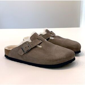 Women's Birkenstock Boston Shearling Stone Grey Suede Fur Clog Shoes EU 40 US 9